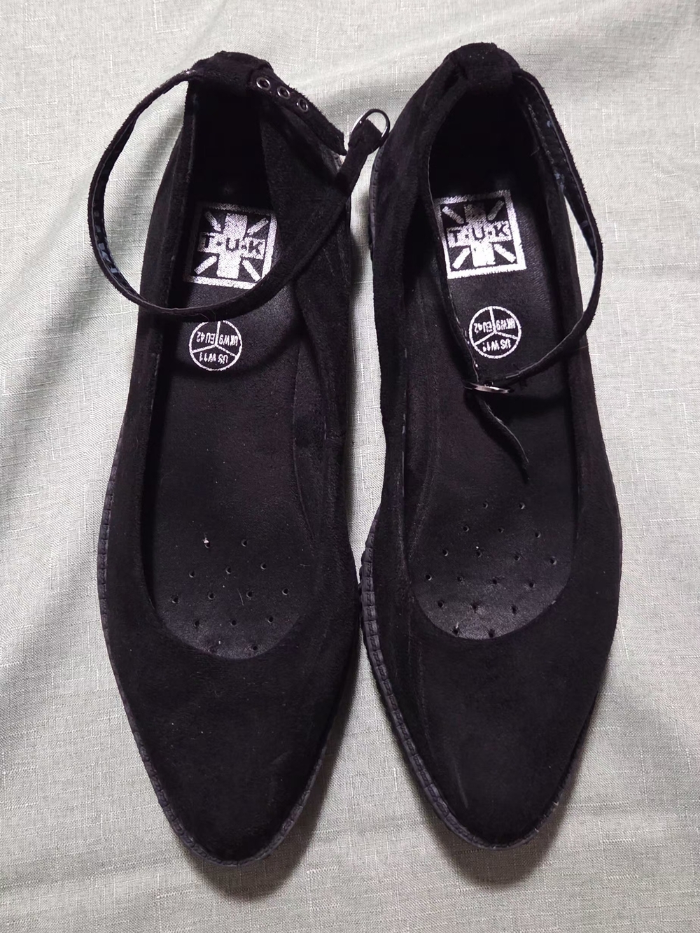 T.U.K Black Suede Pointed Toe Ankle-Strap Flats